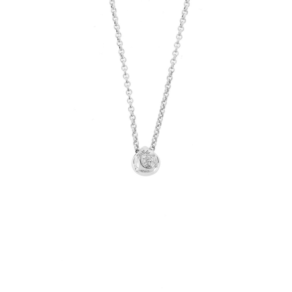 Collana in oro bianco 18 kt maglia rolo con ciondolo a goccia con 7 diamanti taglio brillante da 0.01 ct cad tot 0.07 ct colore GH purezza VS. Marca Chimento, collezione Solo Mia. Made in Italy.