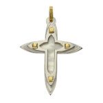 Ciondolo moderno a croce realizzato in oro 18 kt, madreperla e acciaio inox. Marca Zancan, Made in Italy.