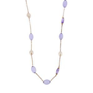 Collana in oro rosa 18 kt maglia rolò alternata da 3 ametiste ovali sfaccettate, 7 giade lavanda ovali e 4 perle d'acqua dolce ovali colore rosa.