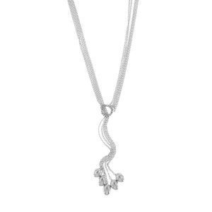 Collana multifilo in oro bianco 18 kt maglia rolò con cerchio centrale con 12 diamanti taglio brillante da 0.01 ct cad. totale 0.12 ct, colore GH , purezza VS e 5 fili pendenti maglia rolò con 5 ovali come finali. Chiusura con moschettone lungo e marchio Nanis.