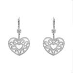 Orecchini pendenti a monchella in oro bianco 18 kt a forma di cuore traforato impreziosito da 216 diamanti: 2 taglio brillante da 0.08 ct cad. , 6 taglio huit-huit da 0.01 ct cad. e 208 huit-huit da 0.005 ct cad. totale 1.26 ct - colore IJ e purezza SI.