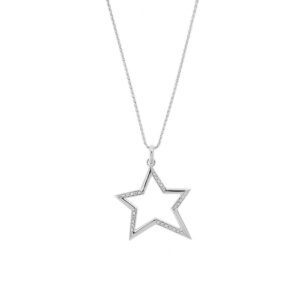 Collana in oro bianco 18 kt, maglia spiga con ciondolo a forma di stella con diamanti taglio brillante da 0.01 ct cad., totale 0.27 ct - colore FG e purezza VS.