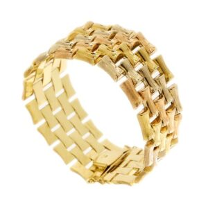 Bracciale tank anni 40 a fascia in oro giallo, rosa e bianco 18 kt, maglia snodata formata da tronchetti di bamboo satinati; chiusura a cassetto con 2 sicure.