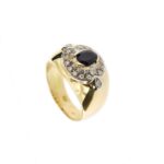 anello oro giallo con diamanti e zaffiro centrale foto prospettiva profilo gioiello