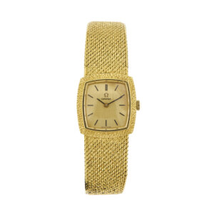 Orologio donna OMEGA in oro giallo 18 kt con bracciale lavorato integrato nella cassa, movimento meccanico a carica manuale, vetro zaffiro, quadrante dorato con indici, scatola originale.