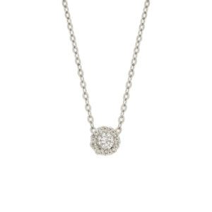 Collana maglia rolò in oro bianco 18 kt con ciondolo punto luce a fiore e diamanti taglio brillante: uno centrale e 9 intorno, totale 0.11 ct cad. - colore GH e purezza VS. Brand: Salvini, collezione Corolla.