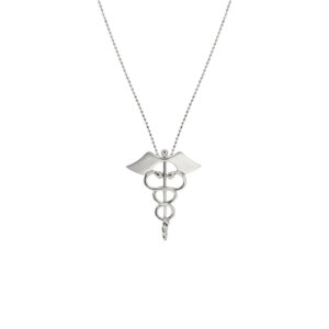 Collana maglia a pallini in oro bianco 18kt con ciondolo caduceo (bastone, ali e serpenti) simbolo della farmacia, rappresentante il veleno e la cura.