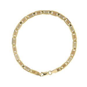 Bracciale uomo 3 ori con maglia valentino in oro giallo 18kt e piastrine in oro rosa, oro bianco satinato; chiusura con moschettone.