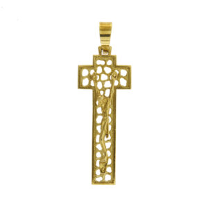 Ciondolo a forma di croce traforata in oro giallo 18 kt con Cristo in rilievo.