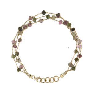 Bracciale multi filo, maglia rolò in oro giallo 18 kt con tormaline rosa e verdi, chiusura regolabile.