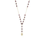 Collana rosario maglia rolo in oro giallo 18kt con 33 granati sfaccettati e finale a croce.