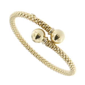 Bracciale rigido maglia pop corn contrarie aperto in oro giallo 18kt con due sfere come finali; Brand: FOPE, collezione: Flex’it.