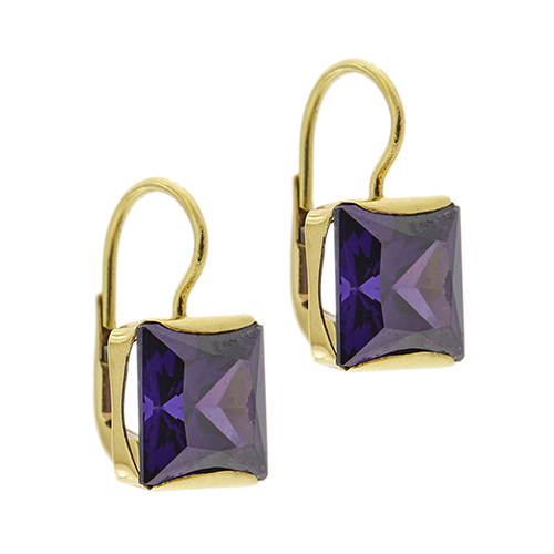 Orecchini a monachella in oro giallo 18kt con zaffiri viola quadrati da 5 ct cad., totale 10.00 ct.