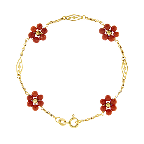 Bracciale maglia originale in oro giallo 18kt con 4 fiori a sfere di corallo rosso.